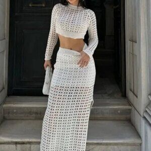 Freshman 1996 Oatmeal Cream Open Heart Knit Women's Sweater & Midi Skirt Set XL